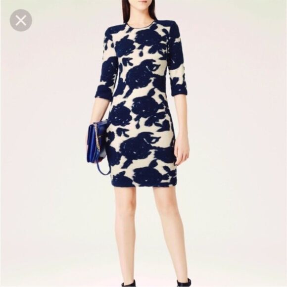 Reiss  Mini Dress Leila Size 6 Wool blended Navy & Cream Gold Floral - Picture 1 of 16